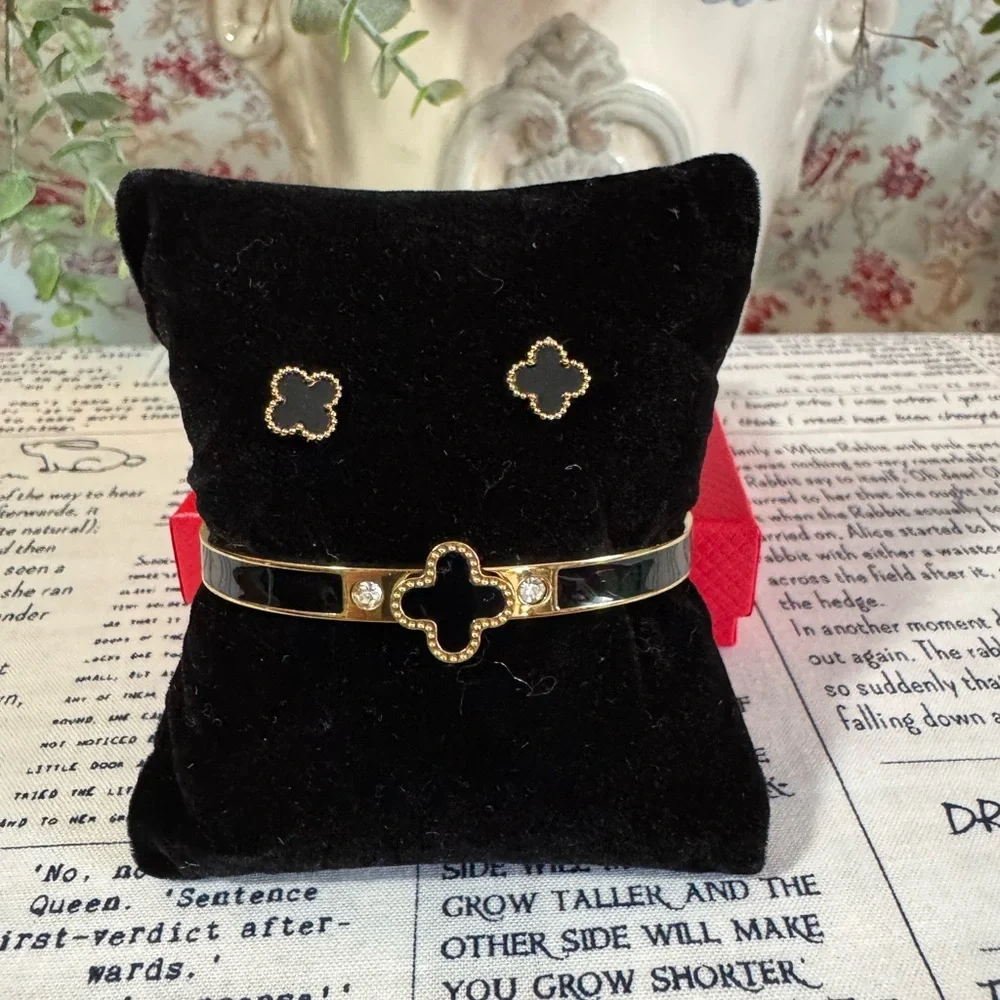 Stainless Steel Gold-Tone Black Clover Bracelet and Earrings Set
